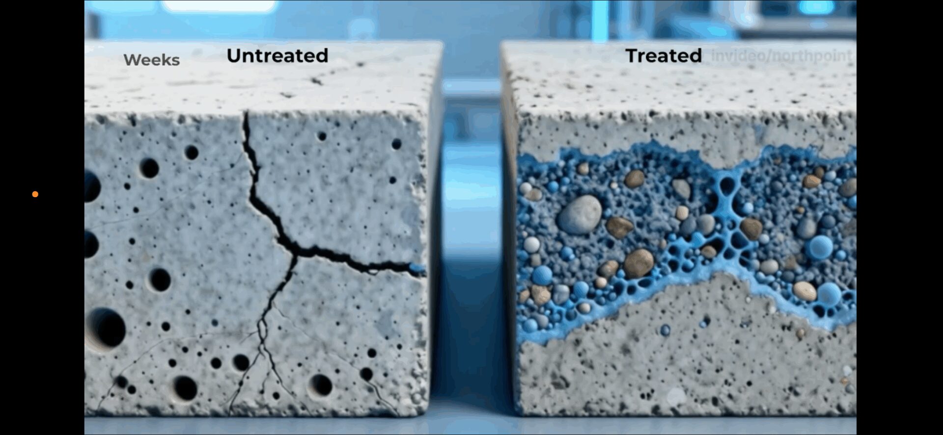 Comparison of untreated and treated concrete showing improved durability.
